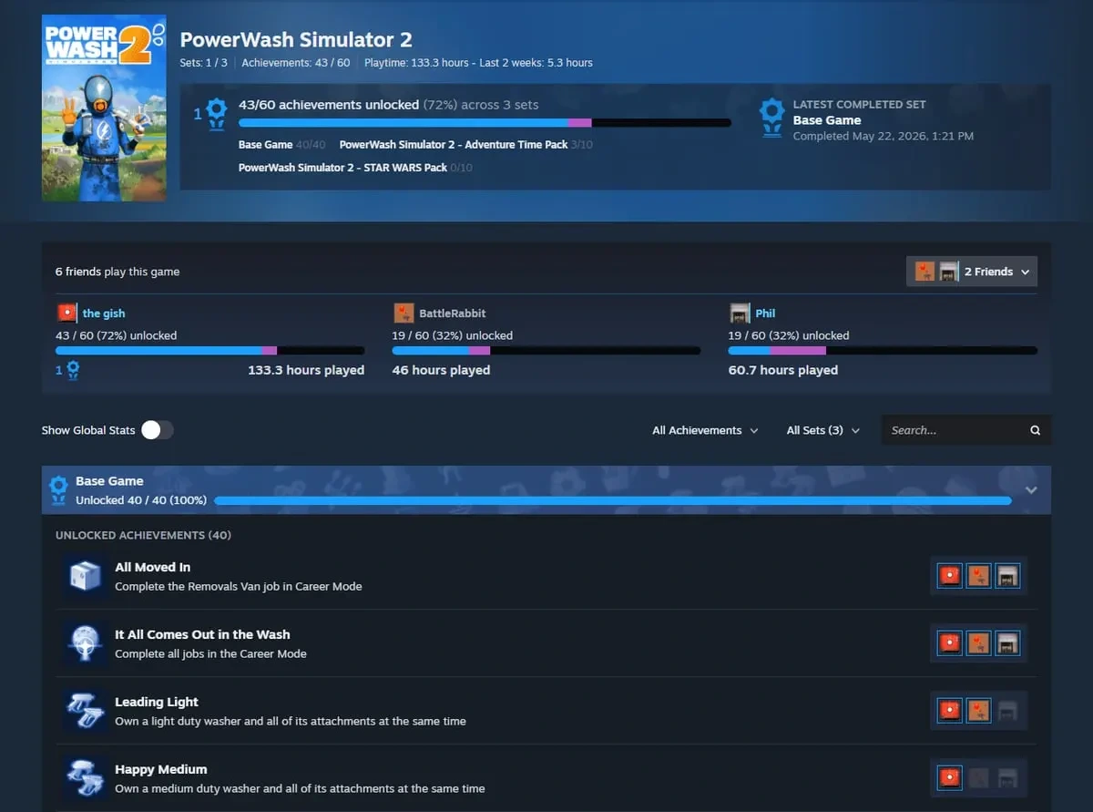 Página de conquistas de PowerWash Simulator 2 com o progresso de três amigos lado a lado