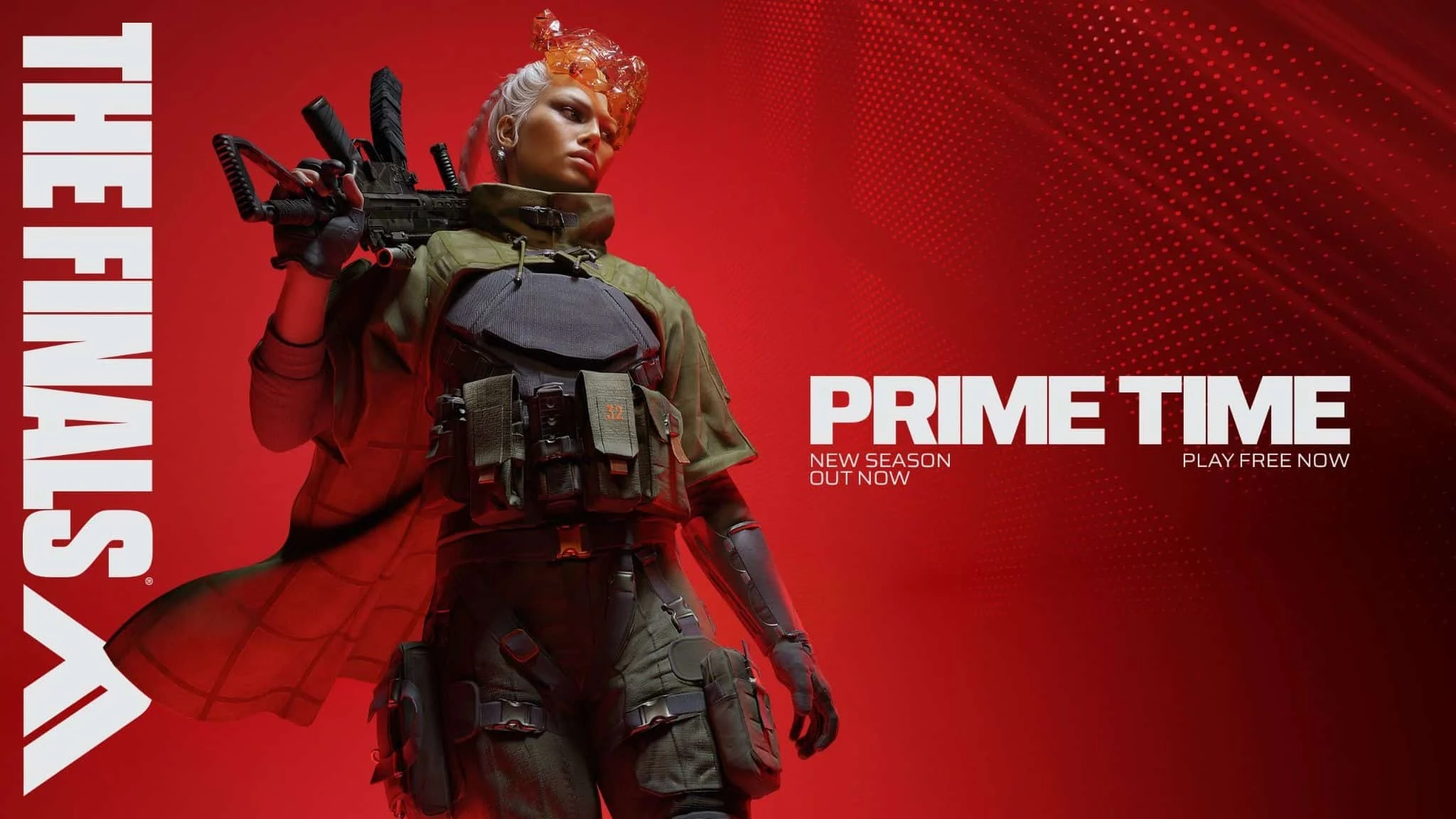 Arte da temporada Prime Time de THE FINALS, com uma concorrente armada sobre fundo vermelho