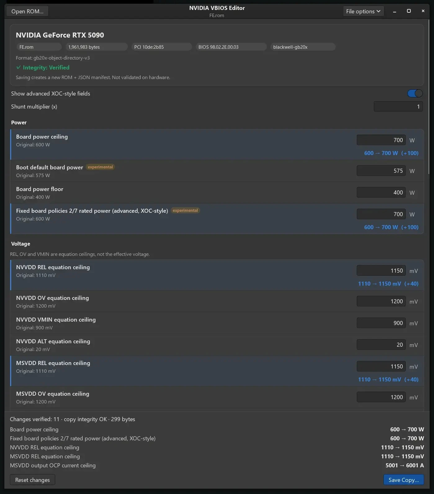 O Vix Editor com os limites de potência e de tensão de uma RTX 5090