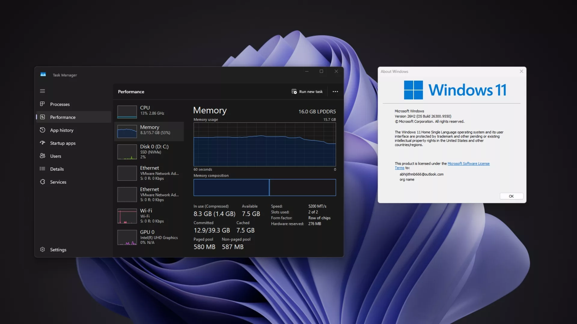 Gestor de Tarefas a mostrar a memória usada no Windows 11 26H2
